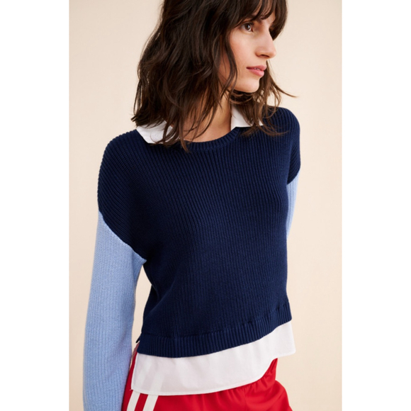 Maeve by Anthropologie Colorblock Blue Light Blue Collared Sweater M - Picture 1 of 5